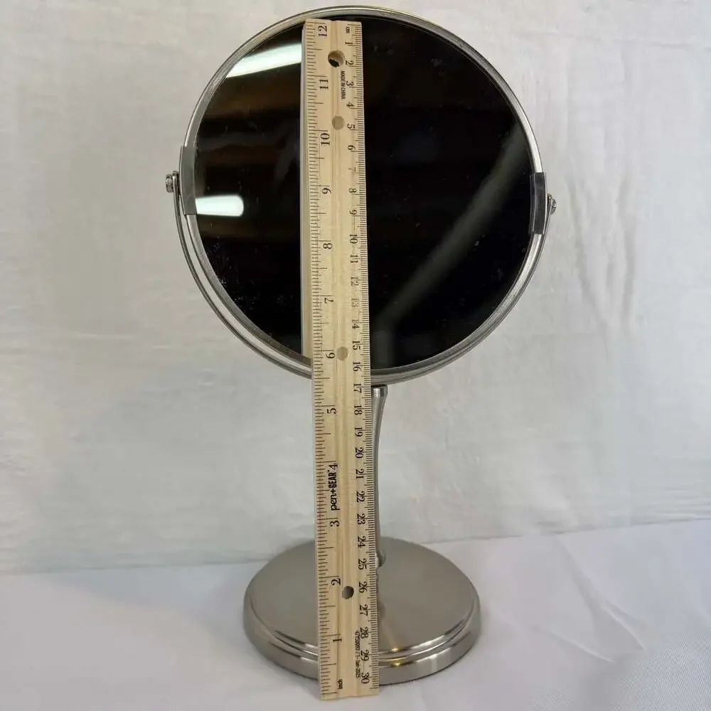 Dual-sided magnifying vanity mirror 12” Tall Chrome/silver Finish Round Base